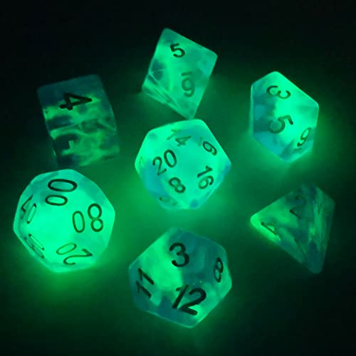 Bescon Dice Super Glow in The Dark Nebula Glitter Polyhedral Dice Set Northern Light, Luminous RPG Dice Set,Glowing Novelty DND Game Dice Set, Novelty DND Game Dice d4 d6 d8 d10 d12 d20 d% in Brick Box