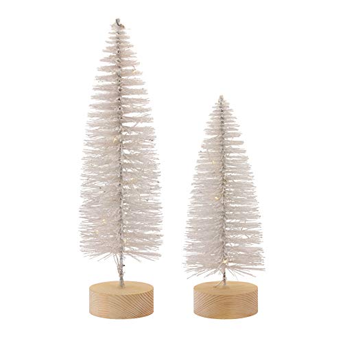 Melrose Set of 2 LED White Lighted Bottle Brush Trees On Wood Base - 10.75 and 14 Inch