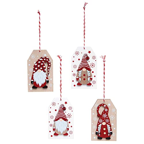 MeraVic Gnome with Swedish Boy and Girl Wood Tag Ornament Red and White and Natural with String Hanger, Set of 4 - Christmas Decoration