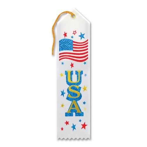 Beistle AR400 Patriotic"USA" Fabric Award Ribbon, White, 2" x 8"