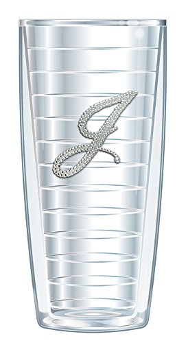 Freeheart Silver Rhinestone Letter on Clear Insulated Tumbler with Travel Lid - Double Walled Thermal Insulation - Sparkly Glittery Monogram Initials (16 oz, J)