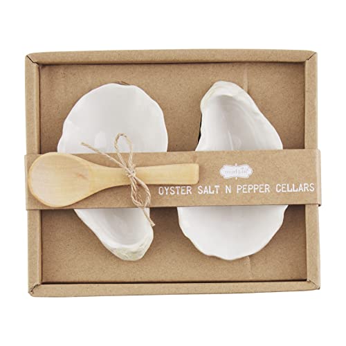 Mud Pie 40250100,Oyster Salt Pepper Cellar Set, x 2 1/4" | Spoon 3 1/2", 3 1/2" 3 1/2" ,Cream