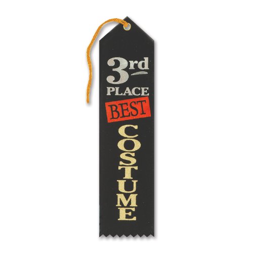 Beistle Best Costume 3rd Place Fabric Award Ribbon, 2" x 8", Black