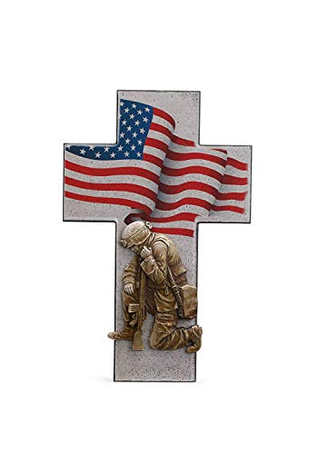 Napco Kneeling Military Soldier with American Flag 9 x 14 Inch Resin Decorative Wall Plaque Cross