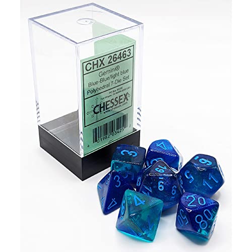 Gemini Polyhedral Dice Set | Set of 7 Dice in a Variety of Sizes Designed for Roleplaying Games | Premium Quality Dice for Tabletop RPGs | Luminary Blue and Light Blue Color | Made by Chessex