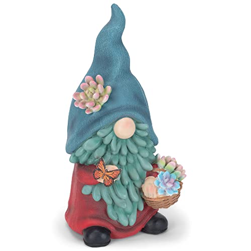 Napco Succulent Gnome with Basket 12.5 Inch Tall Blue Red Teal Resin Garden Figurine