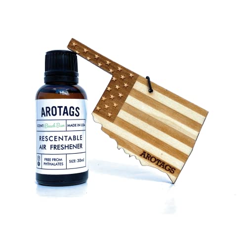 Arotags Oklahoma Patriot Wooden Car Air Freshener - Long Lasting Beach Bum Scent Diffuses for 365+ Days - Includes Hanging Mirror Diffuser and Fragrance Oil - 100% American Made