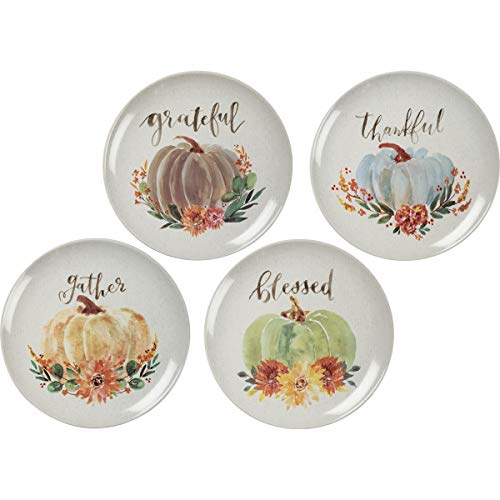 Primitives By Kathy Charming 4 Stoneware Plate Set - Pumpkins -"Thankful,""Grateful,""Blessed," and"Gather" Hand Lettered Sentiments