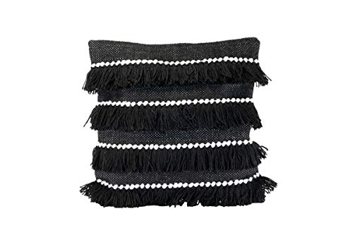 Foreside Home & Garden FIPL09795 Black Decorative Striped Woven 18x18 Outdoor Throw Pillow with Hand Tied Fringe