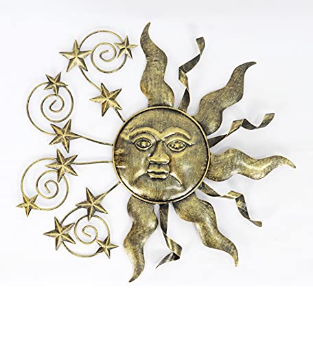 Comfy Hour Sun Moon Face Engraved Collection 19" Metal Art Sunface Star Wall Decor, Home Decor, Wall Attachment, Golden Bronze