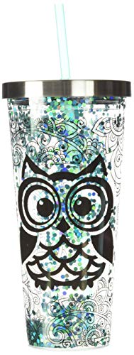 Spoontiques 21310 Blue Owl Glitter Cup With Straw, Turquoise