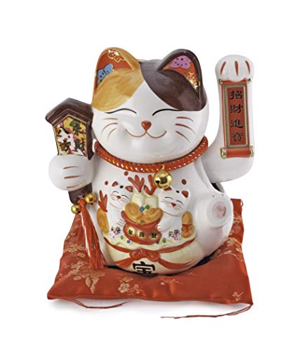 FMC Fuji Merchandise Corp Lucky Cat Maneki Neko Beckoning Cat with Movable Arm Porcelain Figurine Fortune Luck Prosperity Decorative Statue 9 Inch Tall Battery Operated