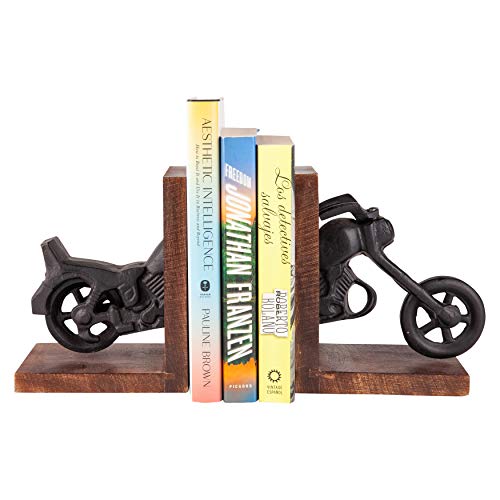 Danya B. Decorative Motorcycle Bookend Set - Black Book Ends, Bookends for Shelves, Home D‚Äö√†√∂¬¨¬©cor for Shelves, Aluminum with Wooden Base