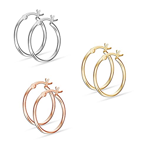 LeCalla 925 Sterling Silver Set of 3 Pairs Click-Top 3 Colors Hoop Earrings for Girl Teen Women 20MM