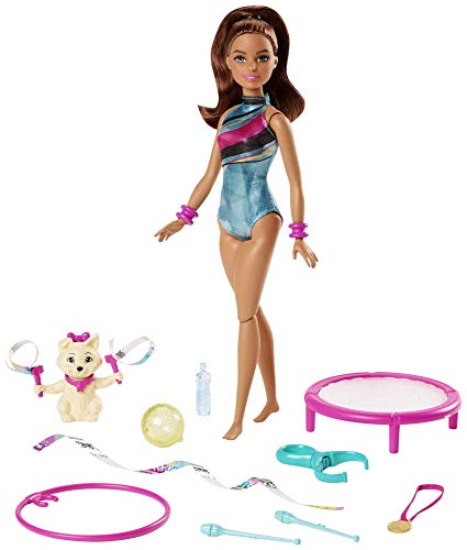 Mattel Barbie Dreamhouse Adventures Teresa Spin 'n Twirl Gymnast Doll, 11.5-Inch Brunette, in Leotard, with Trampoline and Gymnastics Accessories, Gift for 3 to 7 Year Olds