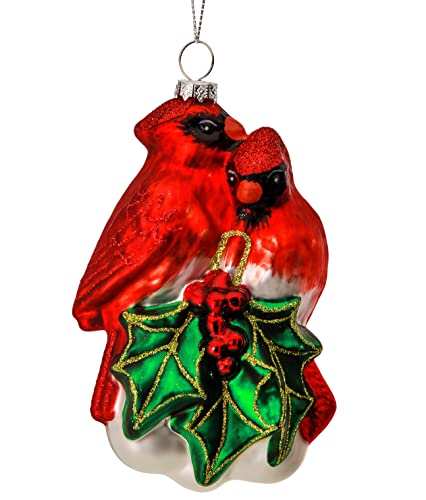 Regency International Cardinals with Holy Cluster Hanging Ornament, 5-inch Length, Glass, Red, Green and White