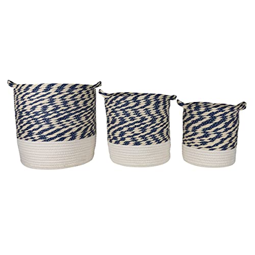 Foreside Home & Garden Set of 3 White & Blue Baskets Cotton & Rope