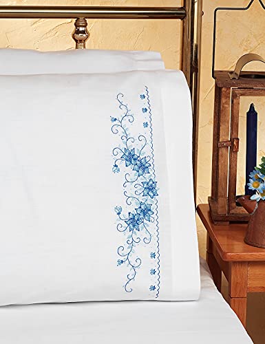 Design Works Crafts Janlynn 65-32083 Blue Floral Pillowcase Pair Stamped Cross Stitch-20 X30