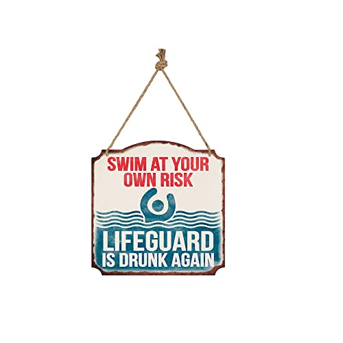 Carson Home 24880 Swim at Your Own Risk Lifeguard is Drunk Again Wall D≈Ωcor, 12-inch Square, Metal