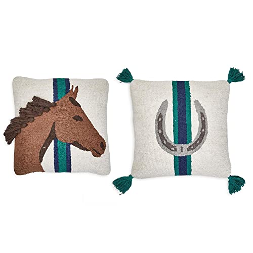 Two's Company Country Horse Set Punch Embroidery & Tassel Accent Throw Pillows with 2 Designs