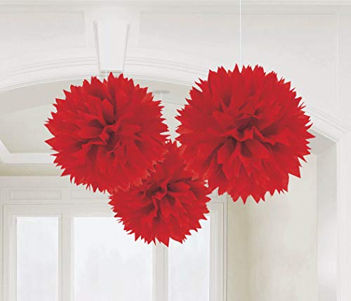 Amscan Fluffy Paper Decorations, Apple Red, 16", 3 Pcs