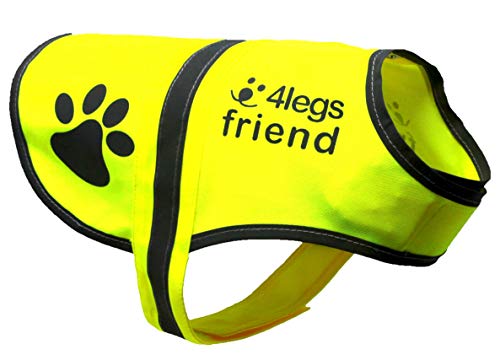 4LegsFriend Dog Safety Yellow Reflective Vest with Leash Hole 5 Sizes - High Visibility for Outdoor Activity Day and Night, Keep Your Dog Visible, Safe from Cars & Hunting Accidents
