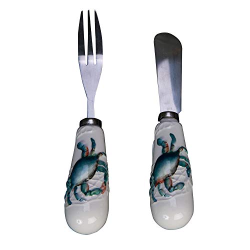 Beachcombers Coastal Blue Crab Ceramic Spreader and Cocktail Fork Set of 2