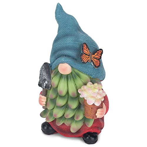 Napco Succulent Gnome with Flower Pot 6.75 Inch Tall Blue Red Green Resin Garden Figurine