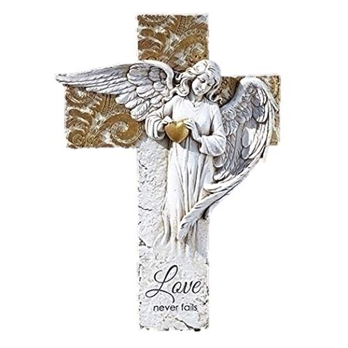 Roman Angel on Cross with Gold Heart Garden Statue,12-inch Height