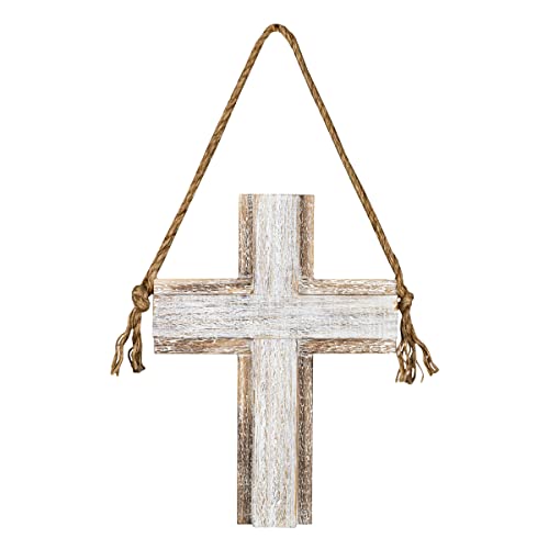 Foreside Home & Garden White-Washed Cross Hanging Accent Wood & Rope