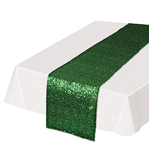 Beistle Rectangluar Shiny Sequined Table Runner For Party Event Birthday Wedding Baby Shower Christmas Holiday Celebration Decorations, 11.25" x 75", Green