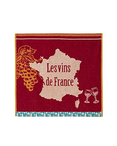 Coucke French Cotton Square Terry Towel, Wines of France, 20-Inches by 20-Inches, Red, 100% Cotton