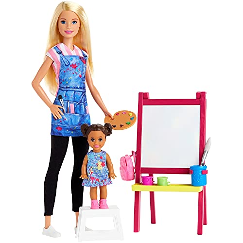 Mattel Barbie Art Teacher Playset with Blonde Doll, Toddler Doll, Easel and Accessories