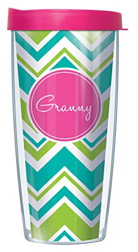 Freeheart Signature Tumblers Granny Hot Pink Insignia Wrap on Teal and Lime Chevron 16 Ounce Double-Walled Travel Tumbler Mug with Hot Pink Easy Sip Lid