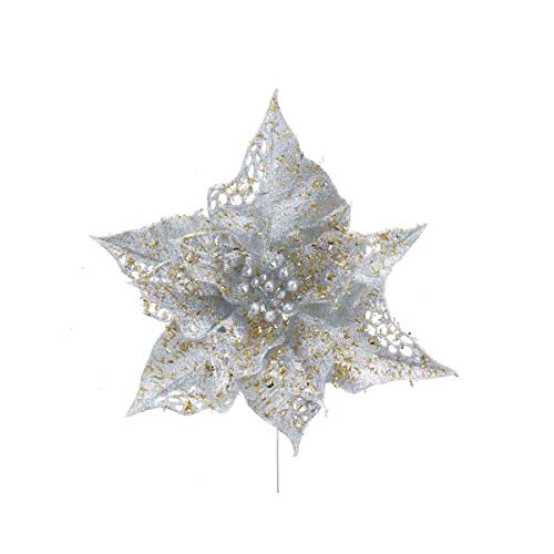 Kurt Adler H4792 Poinsettia Pick in Silver and Gold Glitter, 6-inch High, Plastic and Metal