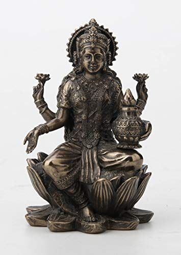 Unicorn Studio Veronese Design 3.3" Hindu God Lakshmi Sitting On Lotus Cast Resin Antique Bronze Finish Statue Fortune Sculpture