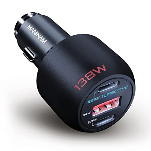 138W USB C Car Charger Adapter - MANINAM High Adaptive Power with Multi USB to Cover All - 105W Type C PD PPS - Super Fast Car Charger [TURBOTIVE Tech] with 100W USB C Cable