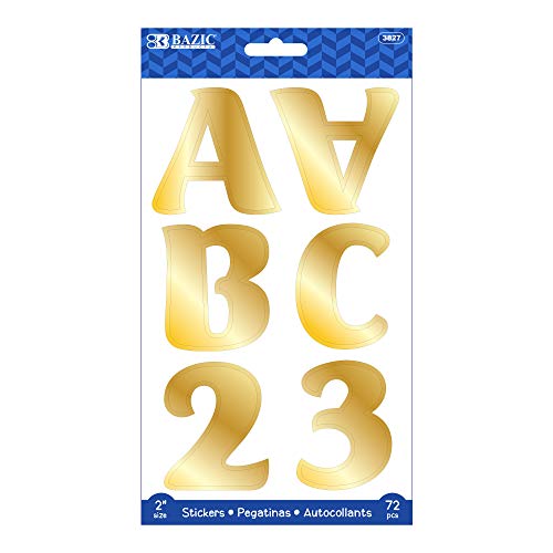 BAZIC Alphabet Numbers Stickers Gold Metallic Colors, 2" A to Z 0 to 9 Self-Adhesive Large Sticker for Kids Children DIY Cards (72/Pack), 1-Pack