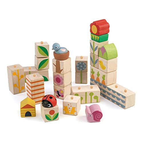 Tender Leaf Toys - 24 Piece Garden Themed Push & Click Stacking Blocks for 18m+