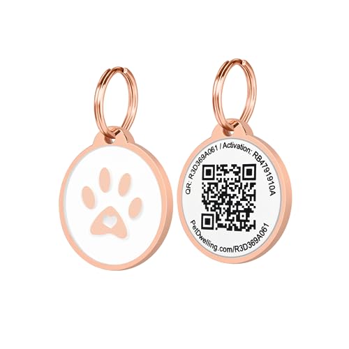 Pet Dwelling 2D QR Code Pet ID Tag - Dog Tags - Cat Tags - Online Pet Profile - Instant Email Alert of Scanned QR Tag Location(Rose Gold White Paw)