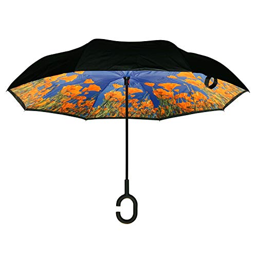 Calla Topsy Turvy Inverted Umbrella, Windproof, UV Protection, Drip-Free Inverted Design, Hands-Free Option, Comfort-Grip C-Shaped Handle and Exclusive Patterns, Poppies in Meadows