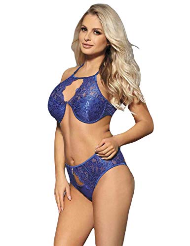 Comfy Hour Women's Lace Rim Keyhole Blue Bra Set with Bra Pad, Medium