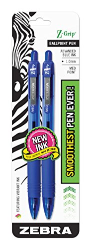 Zebra Pen Z-Grip Retractable Ballpoint Pen, Medium Point, 1.0mm, Blue Ink, 2-Count