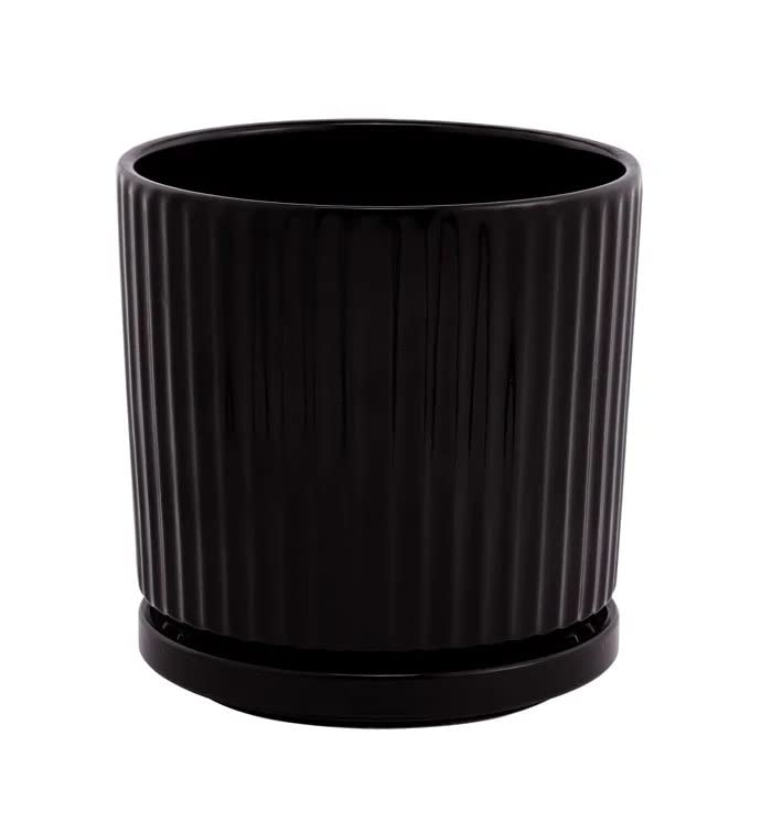 Napco Ridged Cylinder Ceramic Pot for Indoor Plants Planter with Saucer, 5.75 x 6.25, Black