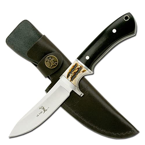 Master Cutlery Elk Ridge - Outdoors Fixed Blade Knife - 8.5-in Overall, 3.75-in Mirror Polished Stainless Steel Blade, Full Tang, Jig Bone and Black Wood Handle, Leather Sheath - Hunting, Camping, Survival - ER-087, One Size