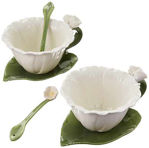 Cosmos Gifts Cg SS-CG-10397, White Daisy Shaped 6-pc Set with 2 Cups, Saucers and Spoon Collectible