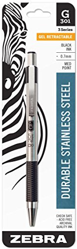 Zebra Pen G-301 Retractable Gel Ink Pen, Stainless Steel Barrel, Medium Point, 0.7mm, Black Ink, 1-Pack