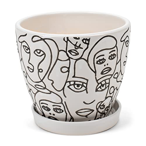 Napco White Black Sketched Faces 6 x 6 Ceramic Table Top Planter Pot with Saucer