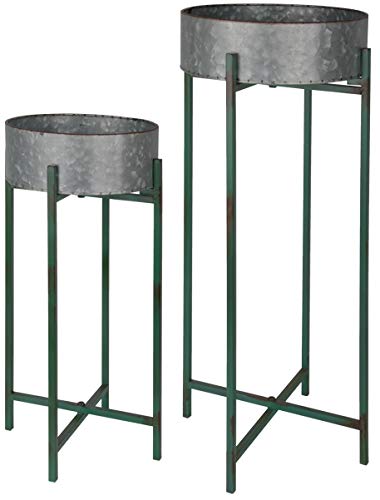 Esschert Design USA OZ63 Old Zinc Shallow Round Metal Flowerpots on Stand, Silver