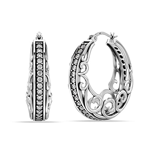 LeCalla Sterling Silver Jewelry Filigree Design Hoop Earring for Teen Women